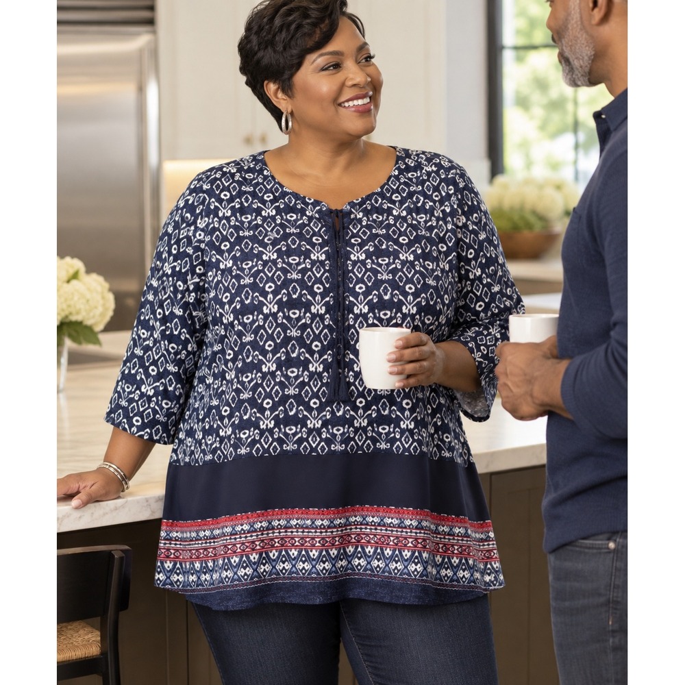 Allison Daley Woman 1X Blue Geometric Lace Up 3/4 Sleeve Cotton Tunic Top
